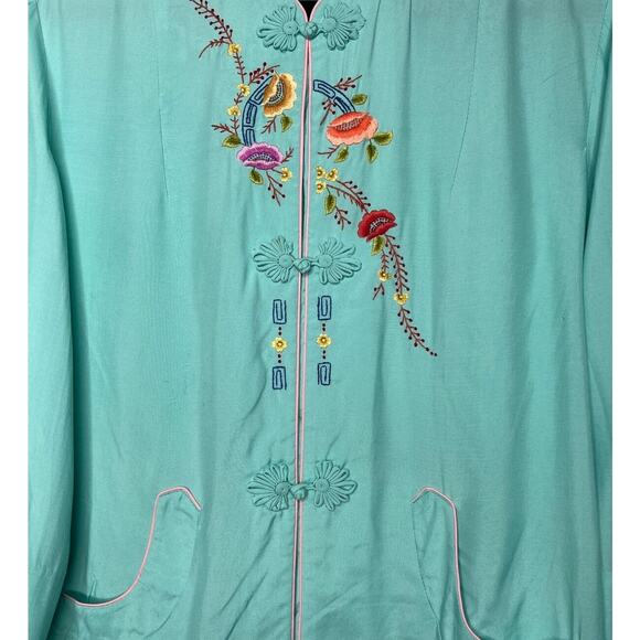 Vintage 60s Chinese Embroidered Robe Size Small Aqua Rayon House Coat Embroidery - Picture 5 of 11